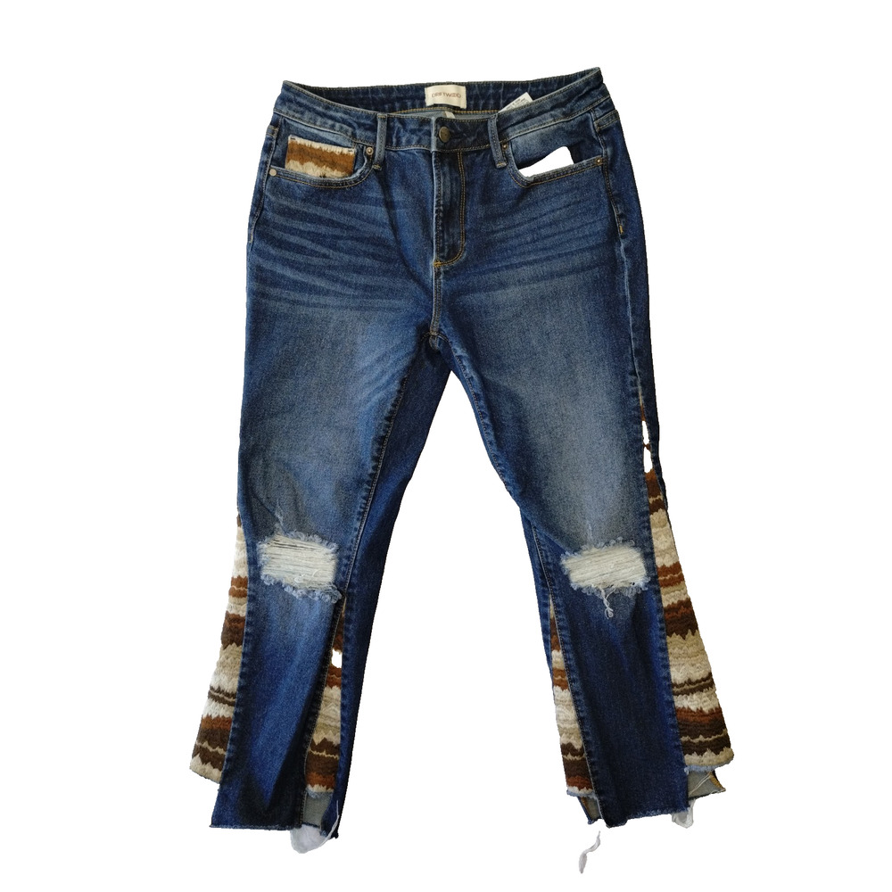 Driftwood Indie Patchwork Boho Skinny Jeans 29 x 26 Distressed Knees Raw Hem